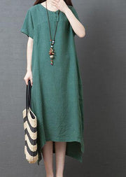 Chic o neck side open cotton dresses Sewing green Kaftan Dress summer - bagstylebliss