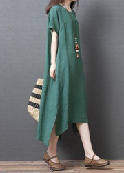 Chic o neck side open cotton dresses Sewing green Kaftan Dress summer - bagstylebliss