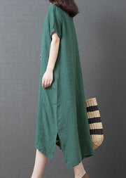 Chic o neck side open cotton dresses Sewing green Kaftan Dress summer - bagstylebliss