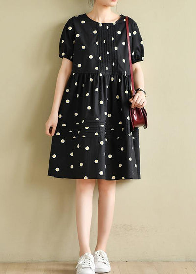 Chic o neck Cinched clothes black daisy print Dresses - bagstylebliss