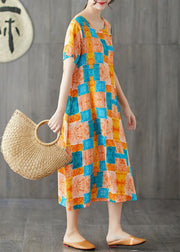 Chic orange red prints linen cotton dresses o neck Dresses summer Dresses - bagstylebliss