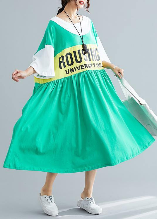 Chic patchwork cotton dress Inspiration green Plus Size Dress summer - bagstylebliss