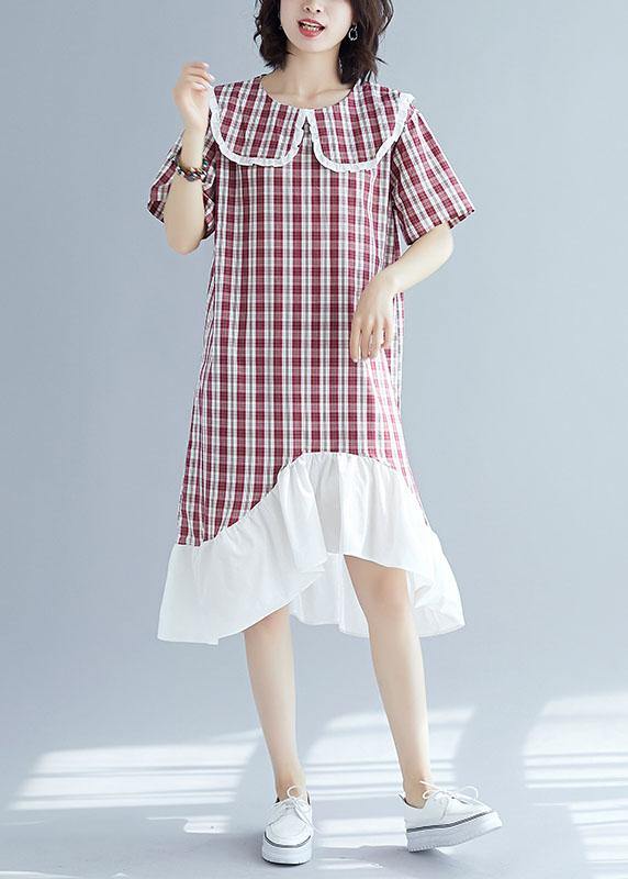 Chic patchwork linen clothes For Women Sleeve red plaid Dress summer - bagstylebliss