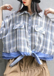 Chic patchwork plaid cotton box top lapel collar oversized summer blouse - bagstylebliss