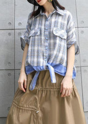 Chic patchwork plaid cotton box top lapel collar oversized summer blouse - bagstylebliss