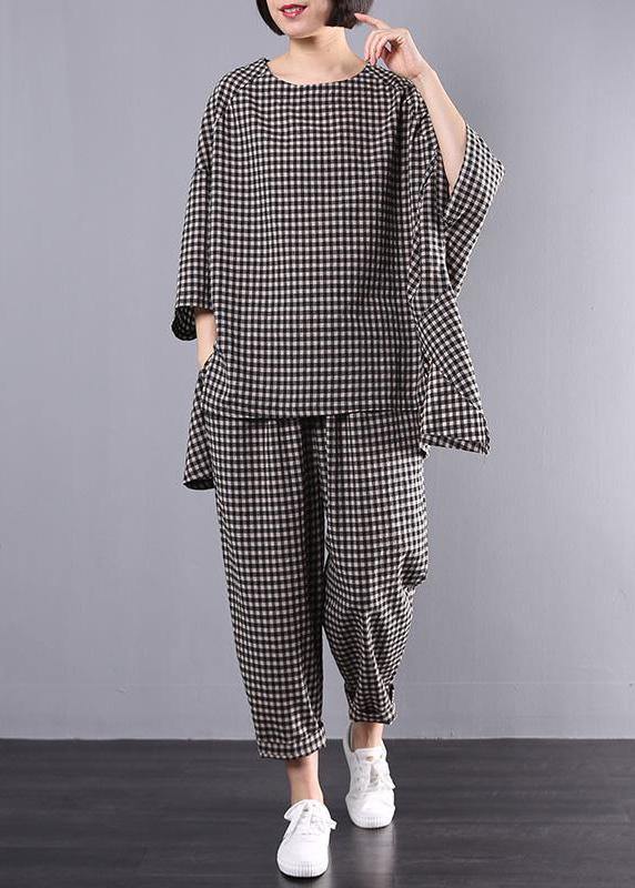 Chic pattern stylish Cotton Linen gray Plaid Vintage Blouse And Pants - bagstylebliss