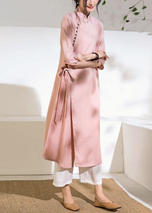 Chic pink Long Shirts stand collar tie waist Robe summer Dresses - bagstylebliss