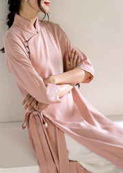 Chic pink Long Shirts stand collar tie waist Robe summer Dresses - bagstylebliss