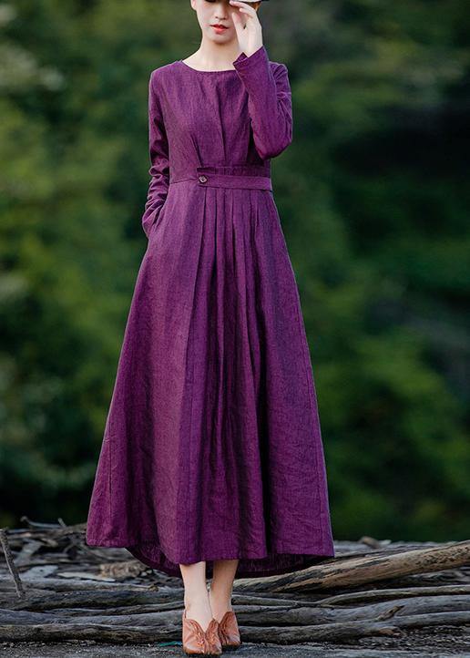 Chic purple clothes For Women o neck Cinched Maxi spring Dresses - bagstylebliss