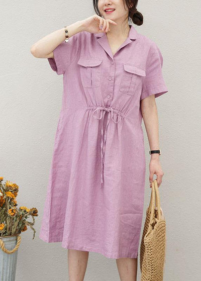 Chic purple linen clothes For Women drawstring Notched cotton summer Dress - bagstylebliss
