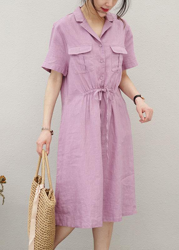 Chic purple linen clothes For Women drawstring Notched cotton summer Dress - bagstylebliss