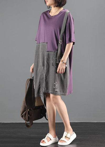 Chic purple patchwork denim dress pattern o neck baggy summer Dress - bagstylebliss