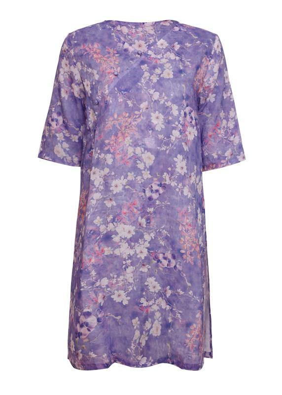 Chic purple print linen clothes v neck half sleeve Knee tops - bagstylebliss