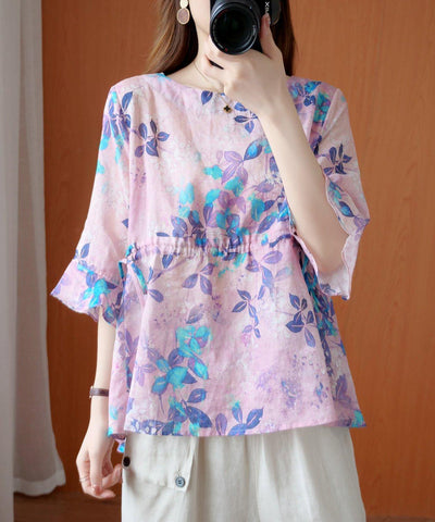 Chic purple print top o neck drawstring daily summer blouses - bagstylebliss