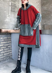 Chic red cotton clothes Women hooded Maxi patchwork Dresses - bagstylebliss