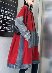 Chic red cotton clothes Women hooded Maxi patchwork Dresses - bagstylebliss