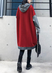 Chic red cotton clothes Women hooded Maxi patchwork Dresses - bagstylebliss