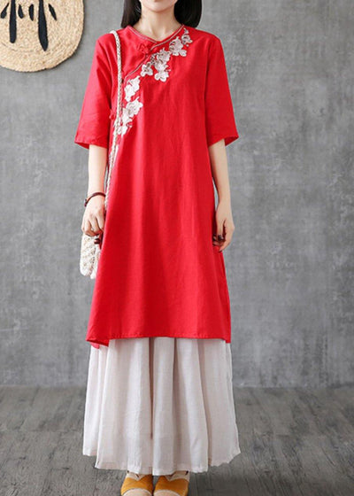 Chic red cotton dresses embroidery Chinese Button short  Dress - bagstylebliss