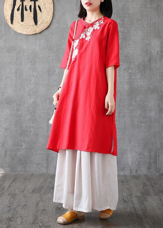 Chic red cotton dresses embroidery Chinese Button short  Dress - bagstylebliss