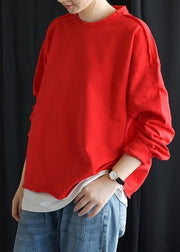 Chic red cotton shirts o neck false two pieces fall tops - bagstylebliss