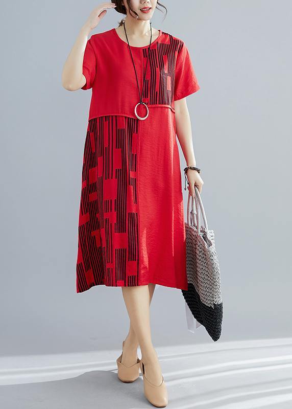 Chic red patchwork cotton quilting dresses plus size pattern o neck Maxi summer Dress - bagstylebliss