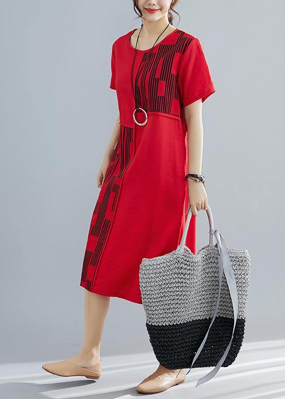 Chic red patchwork cotton quilting dresses plus size pattern o neck Maxi summer Dress - bagstylebliss