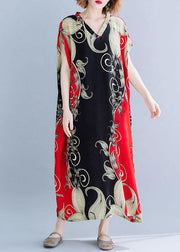 Chic red print cotton tunic dress v neck Dresses summer Dresses - bagstylebliss