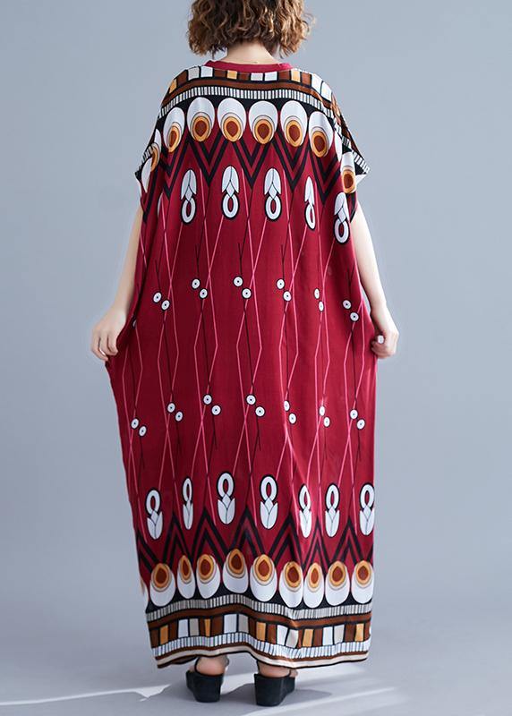Chic red print quilting clothes v neck pockets long summer Dresses - bagstylebliss