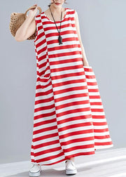 Chic red striped cotton clothes Women sleeveless o neck pockets long summer Dress - bagstylebliss