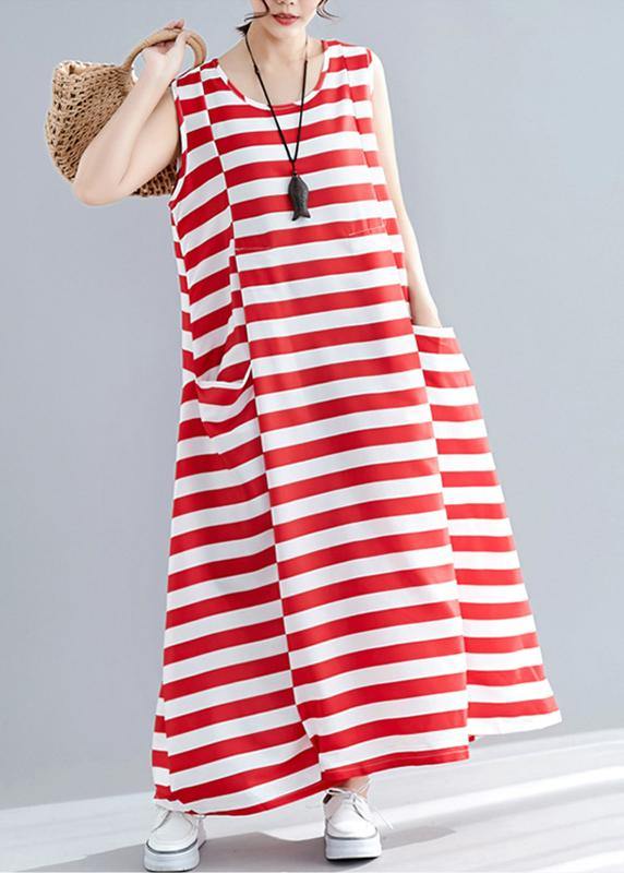 Chic red striped cotton clothes Women sleeveless o neck pockets long summer Dress - bagstylebliss