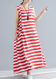 Chic red striped cotton clothes Women sleeveless o neck pockets long summer Dress - bagstylebliss