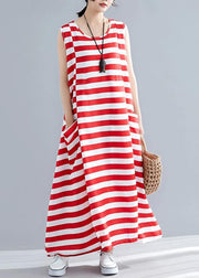 Chic red striped cotton clothes Women sleeveless o neck pockets long summer Dress - bagstylebliss