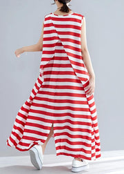 Chic red striped cotton clothes Women sleeveless o neck pockets long summer Dress - bagstylebliss