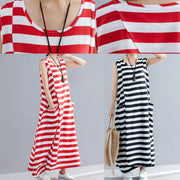 Chic red striped cotton clothes Women sleeveless o neck pockets long summer Dress - bagstylebliss