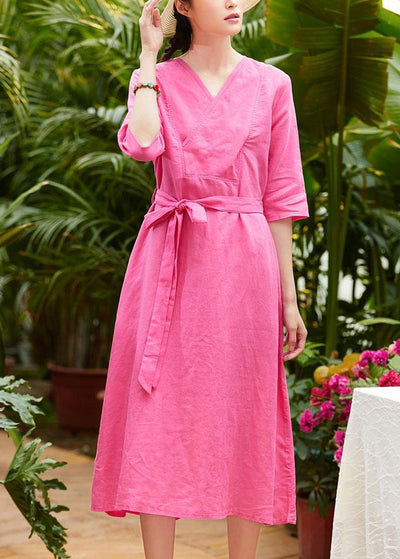 Chic rose linen outfit v neck patchwork Robe summer Dresses - bagstylebliss