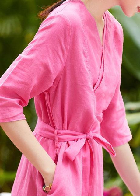 Chic rose linen outfit v neck patchwork Robe summer Dresses - bagstylebliss