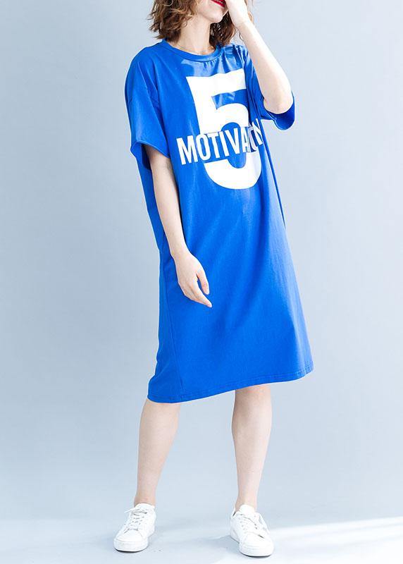 Chic short sleeve Cotton Tunic Neckline blue alphabet prints Dresses summer - bagstylebliss