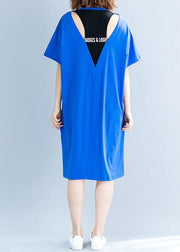Chic short sleeve Cotton Tunic Neckline blue alphabet prints Dresses summer - bagstylebliss