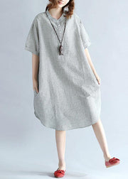 Chic side open Cotton Long Shirts Work gray striped Dresses summer - bagstylebliss