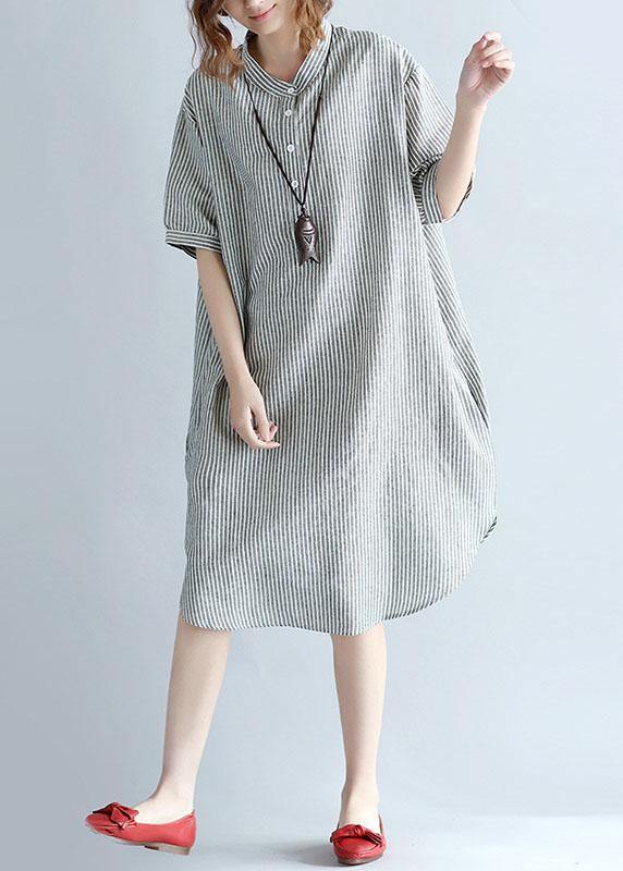 Chic side open Cotton Long Shirts Work gray striped Dresses summer - bagstylebliss