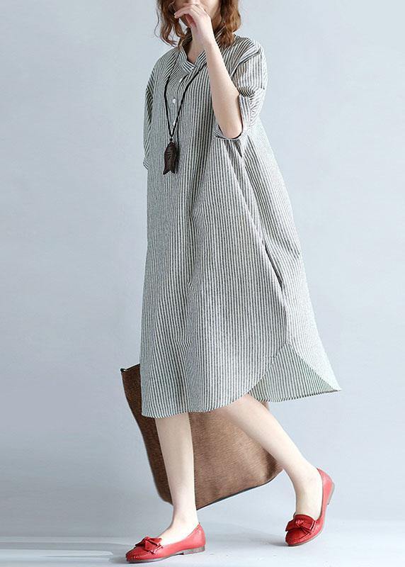 Chic side open Cotton Long Shirts Work gray striped Dresses summer - bagstylebliss