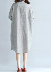 Chic side open Cotton Long Shirts Work gray striped Dresses summer - bagstylebliss