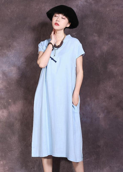 Chic side open linen clothes pattern blue v neck Dresses summer - bagstylebliss