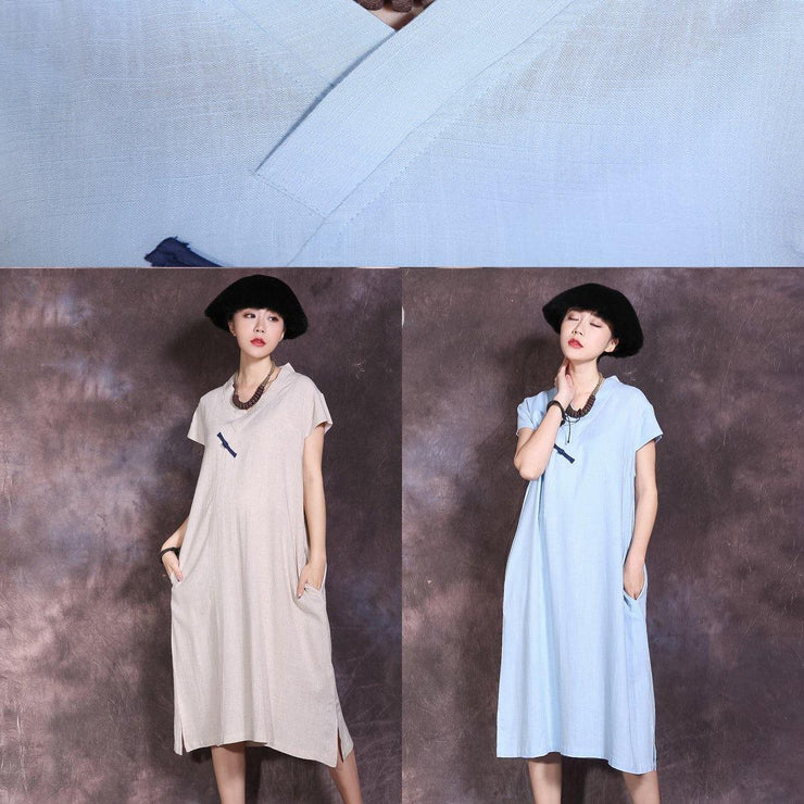 Chic side open linen clothes pattern blue v neck Dresses summer - bagstylebliss