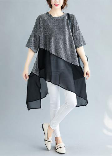 Chic silver linen tops women o neck asymmetric silhouette summer shirt - bagstylebliss
