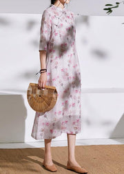 Chic stand collar Chinese Button linen clothes For Women design light pink Dresses - bagstylebliss
