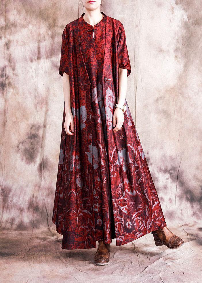 Chic stand collar Chinese Button sleeveless cotton tunic top linen red print Dresses fall - bagstylebliss