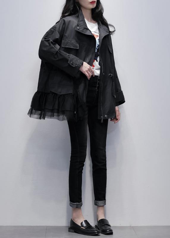 Chic stand collar Fashion coats black patchwork tulle short jackets - bagstylebliss