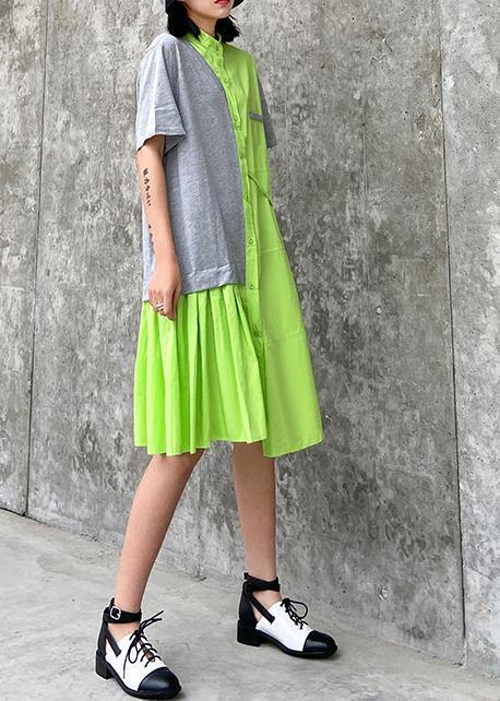 Chic stand collar patchwork Cotton clothes For Women green Dresses - bagstylebliss