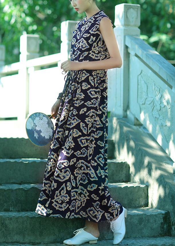 Chic stand collar patchwork cotton clothes Women pattern dark blue print A Line Dress summer - bagstylebliss